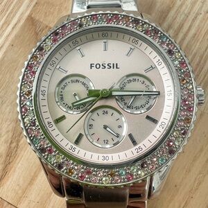 Fossil ladies pink dial silver tone multi colored crystals watch NEW BATTERY